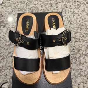 Chanel Black Leather Sandals with Gold Chain
